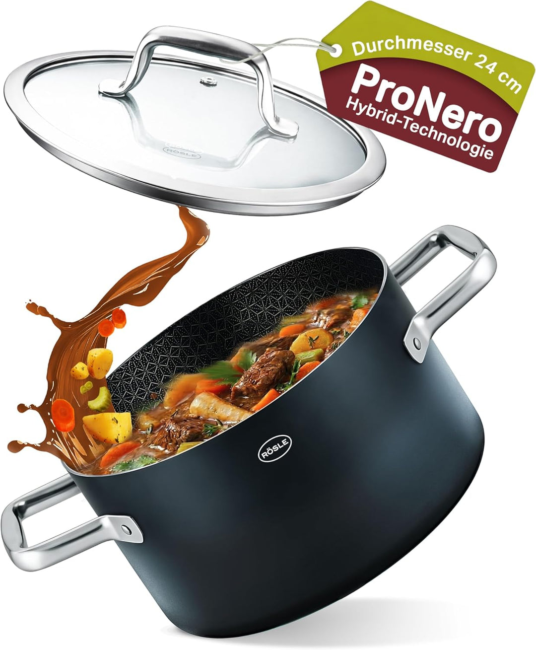 RÖSLE EBONIC Topf 24 cm mit Deckel – Kochtopf 24cm Induktion – ProNero Keramik Antihaftbeschichtung