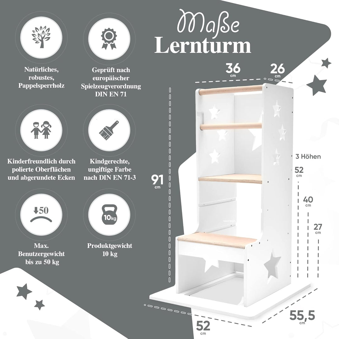 Kids Woody Star® Lernturm ab 1 Jahr [360° KIPPSCHUTZ] Höhenverstellbar Learning Tower Lernturm Monte