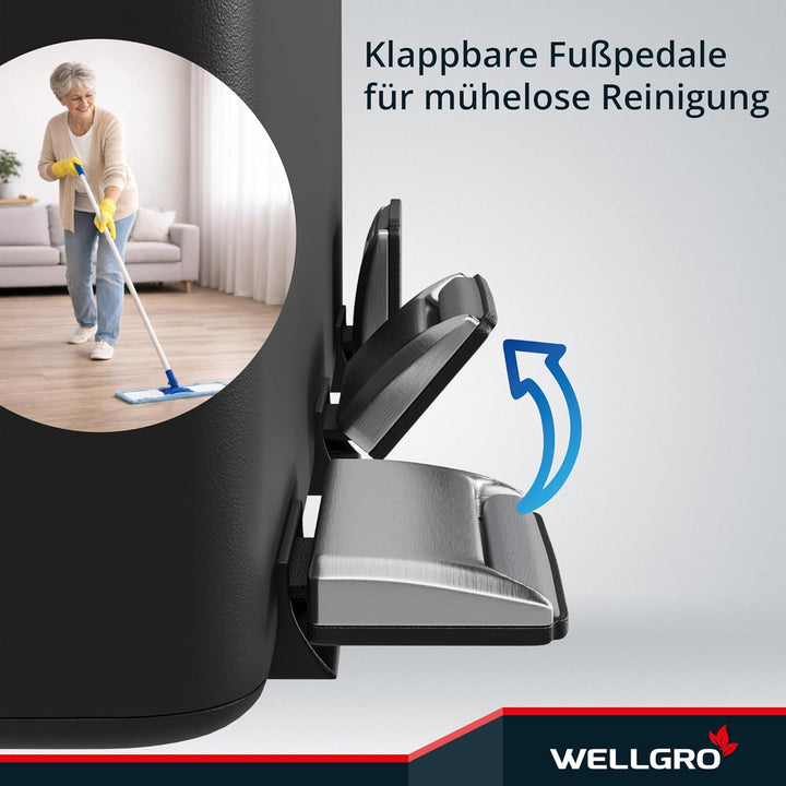 WELLGRO Treteimer, Mülleimer, Edelstahl Tretmülleimer mit 3 x 15 Liter, klappbaren Fusspedalen, Abse
