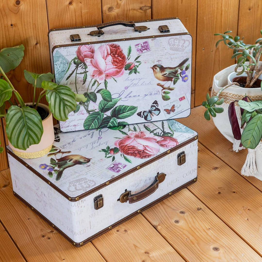 HMF Vintage Deko Koffer aus Holz, Aufbewahrungsbox mit Deckel und Ledergriff, stilvolle Aufbewahrung