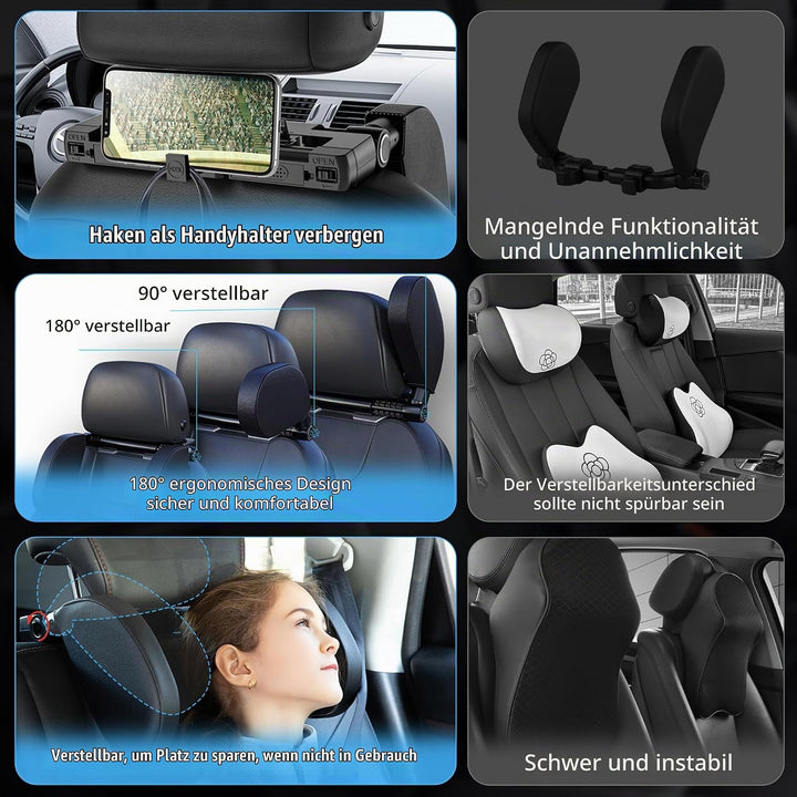 2 Pack KopfstüTze Auto Kinder, 180 Grad Verstellbares Atmungsaktiv Leder Nackenstütze Auto,Nackenkis