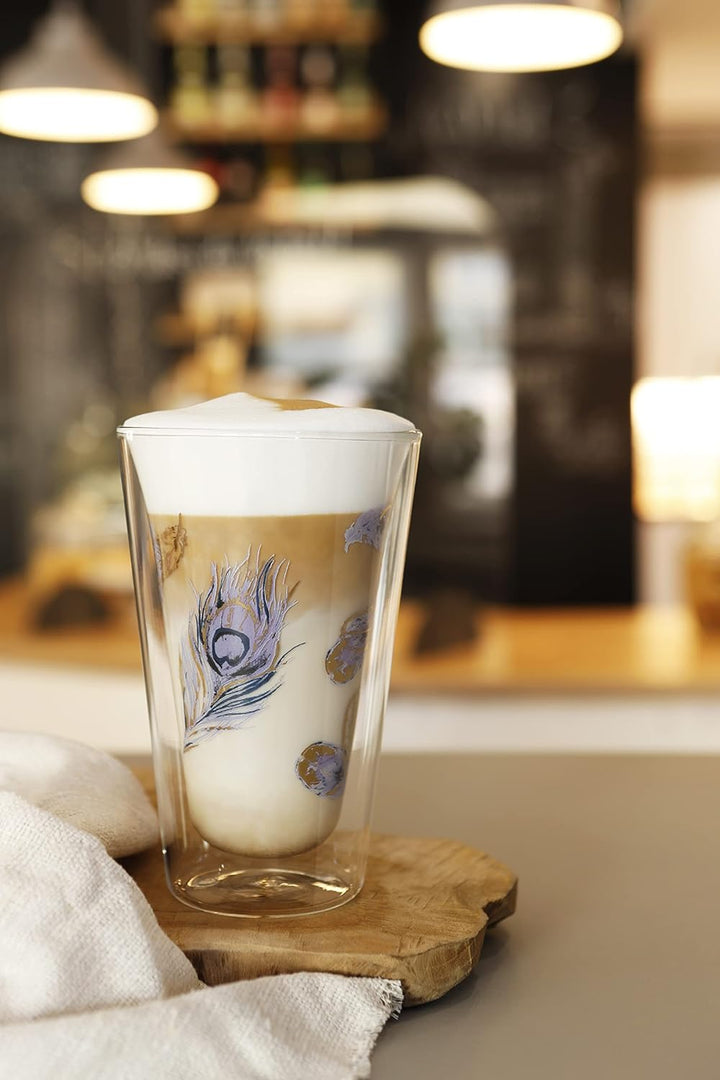 Montepreti Design Latte Macchiato Gläser Pfauenfeder, XXL 450ml, grosses doppelwandiges Borosilikatg