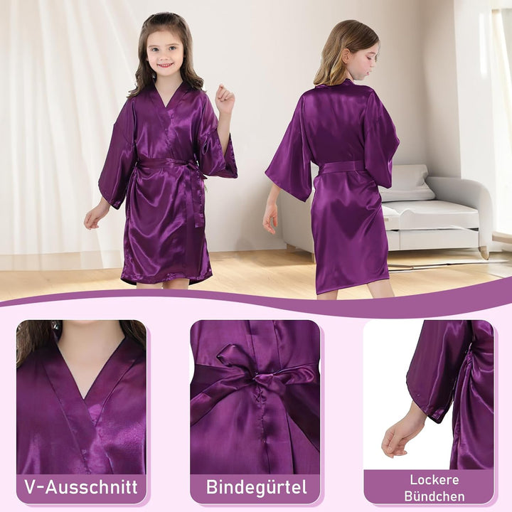 12er Set Satin Kimono Morgenmäntel für Mädchen, Einfarbige Kinder Roben mit Bindegürtel für Geburtst