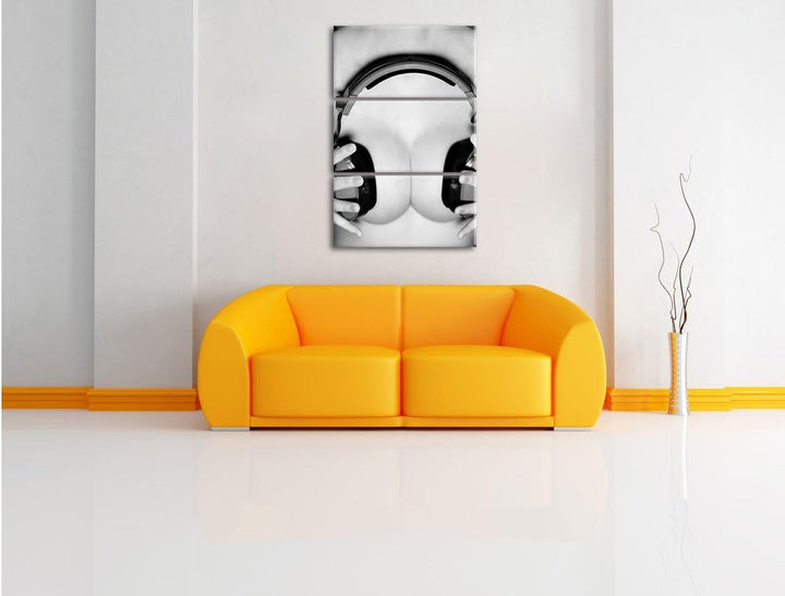 Pixxprint Dark Sexy Girl Kopfhörer 3-Teiler Leinwandbild 120x80 Bild auf Leinwand