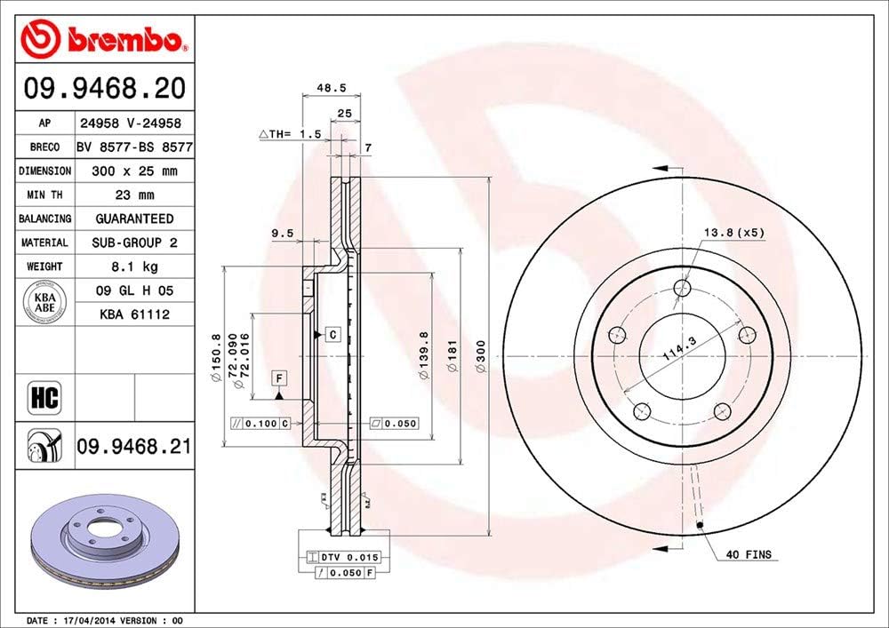 Brembo 09.9468.21 COATED DISC LINE Bremsscheibe - Paar