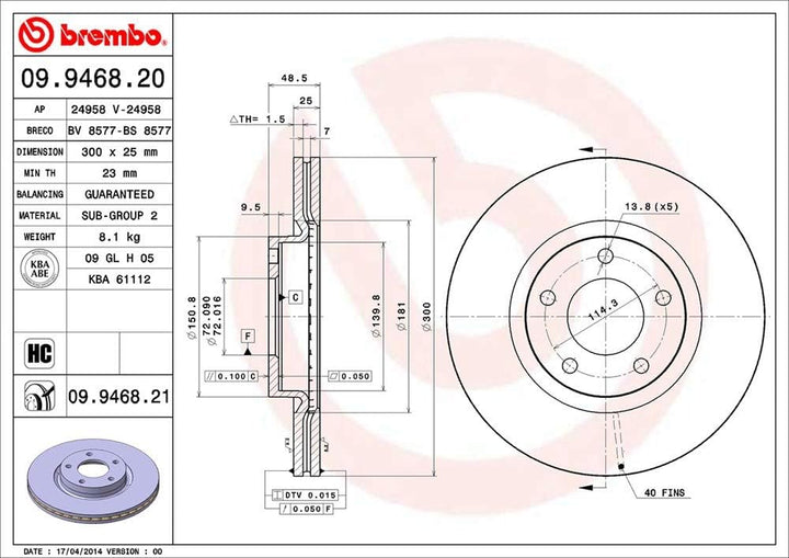 Brembo 09.9468.21 COATED DISC LINE Bremsscheibe - Paar
