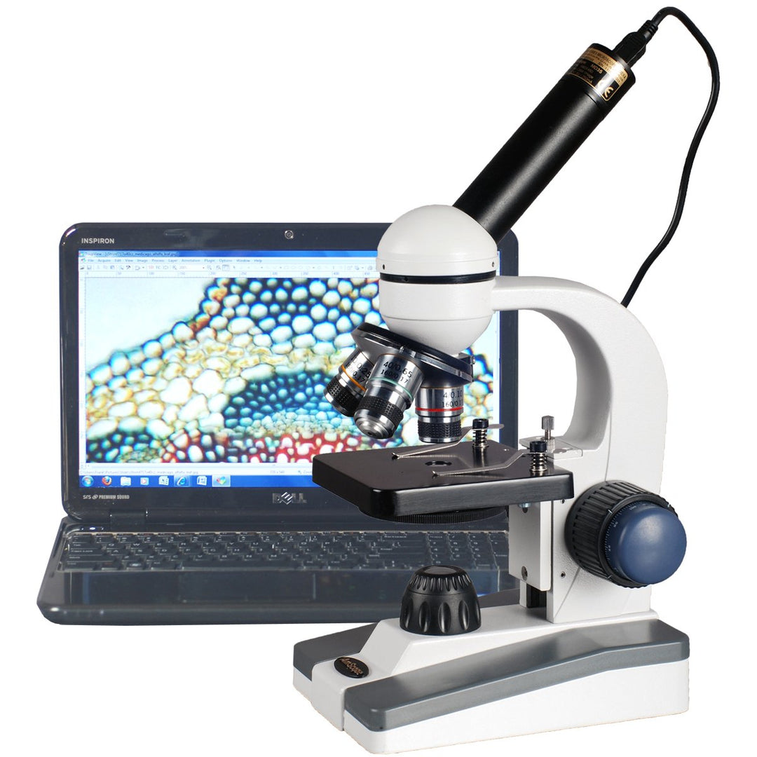AmScope - Mikroskop mit USB-Kamera, 40X-1000X, Monokularverbindung, LED, Grob- und Feinfokus + Digit