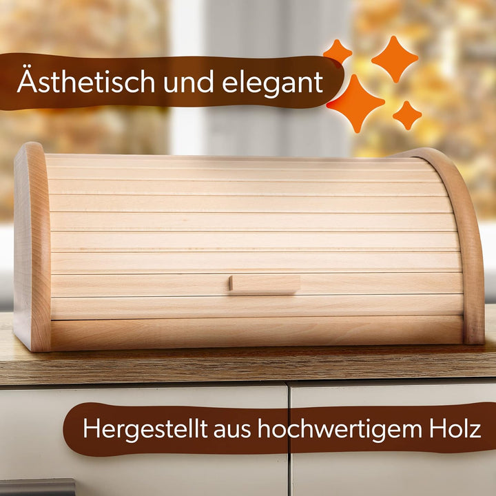 KADAX geräumiger Brotkasten aus hochqualitativem Holz, Brotbehälter mit Rolldeckel für längere frisc