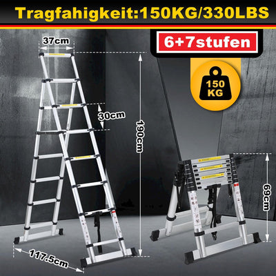 Lospitch 2M+2.3M Teleskopleiter Klappleiter, Rutschfester Aluleiter Mehrzweckleiter Ausziehbare Leit