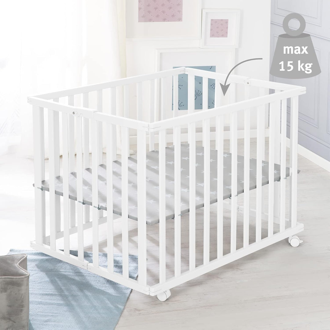 roba Laufgitter klappbar, Holz weiss, mit Einlage Little Stars, 74x100 cm, platzsparendes Spielgitte