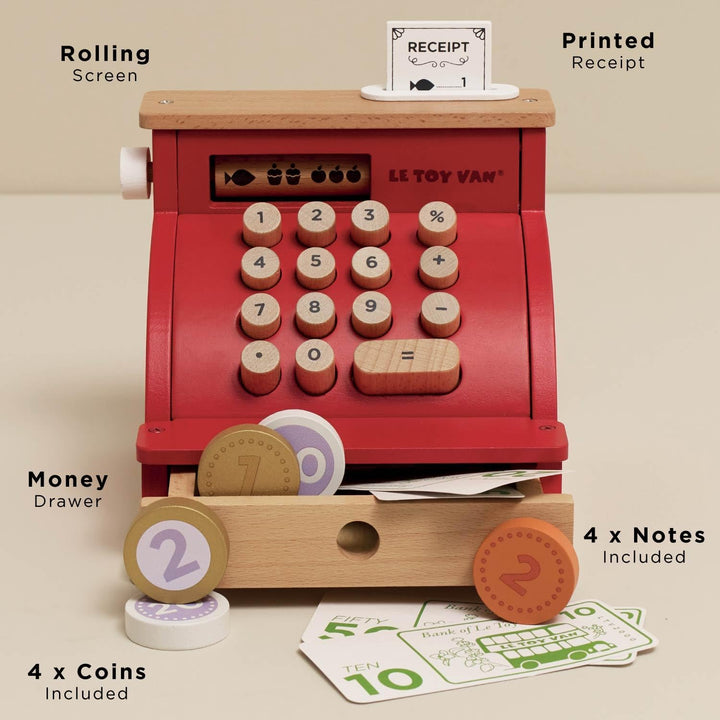 Le Toy Van – Honeybake Rollenspiel Kasse aus Holz mit Kassenbeleg, Kassenschublade und Spielgeld | I