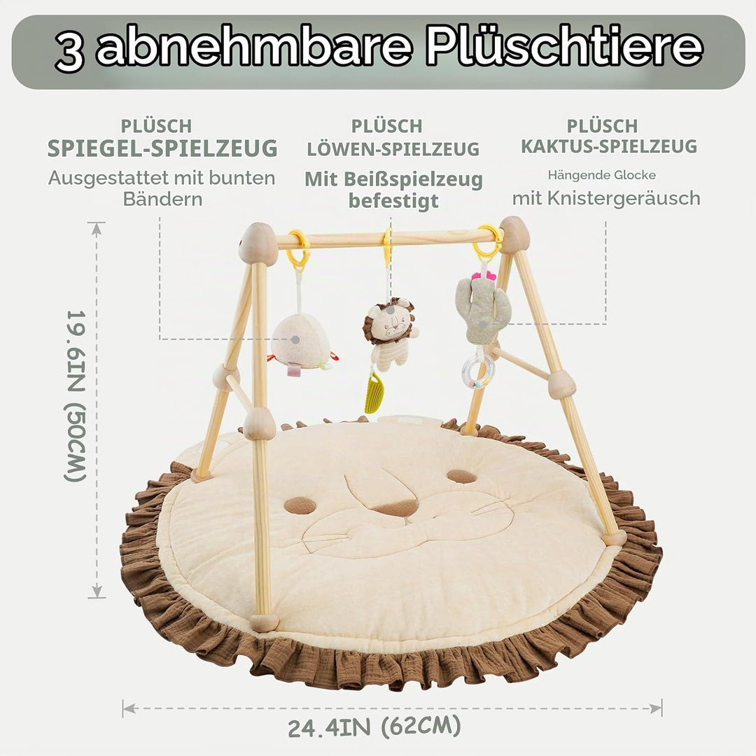 COTTONBEBE 4 IN 1 Spielbogen Baby, Spielmatte Babies mit Natur Holz Activity Spielbogen, 3 abnehmbar