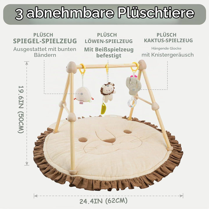 COTTONBEBE 4 IN 1 Spielbogen Baby, Spielmatte Babies mit Natur Holz Activity Spielbogen, 3 abnehmbar