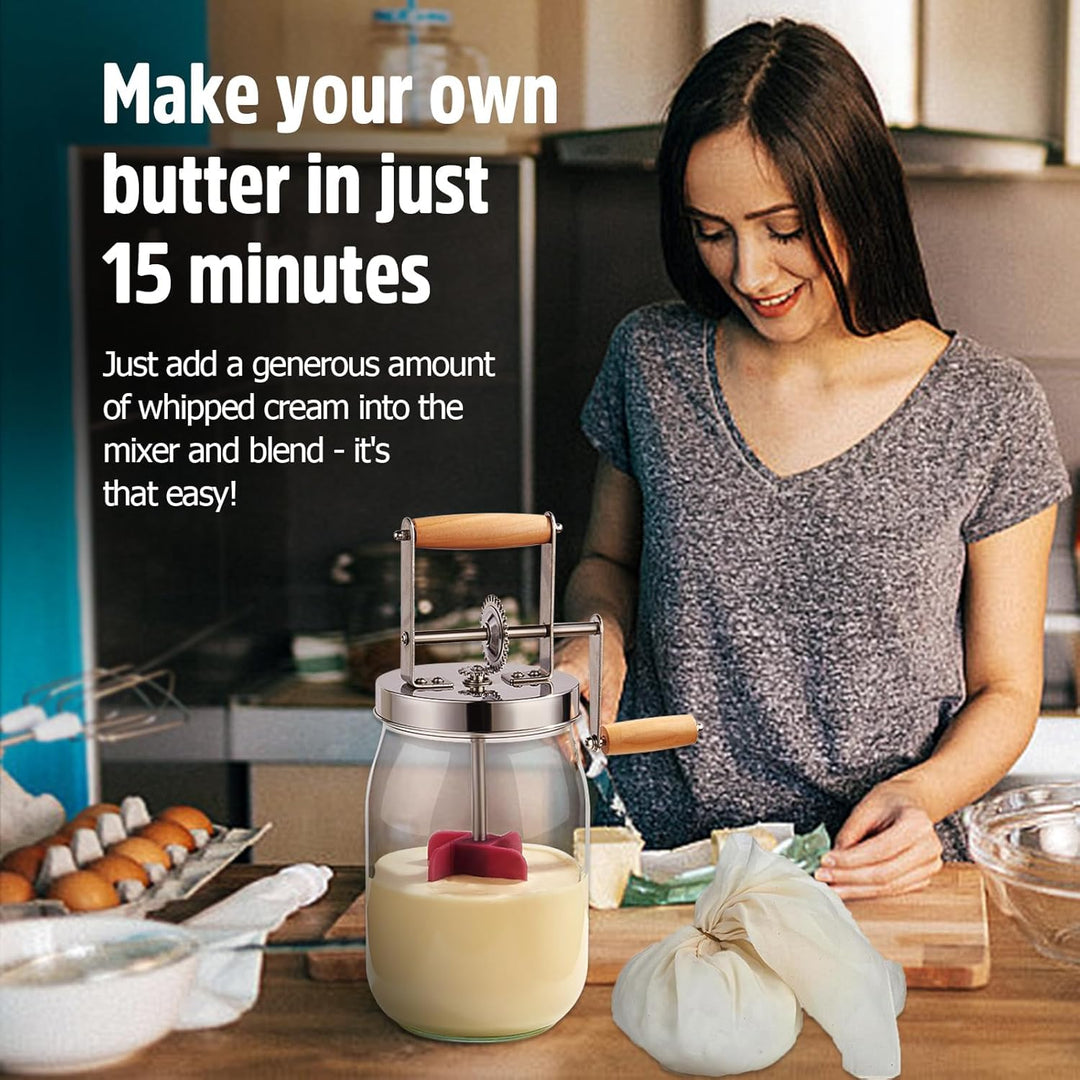 Butterfass Glas mit Handkurbel, 1,5L Butterfass Zum Butter Machen Mit Holzgriff Edelstahlgetriebe Ma