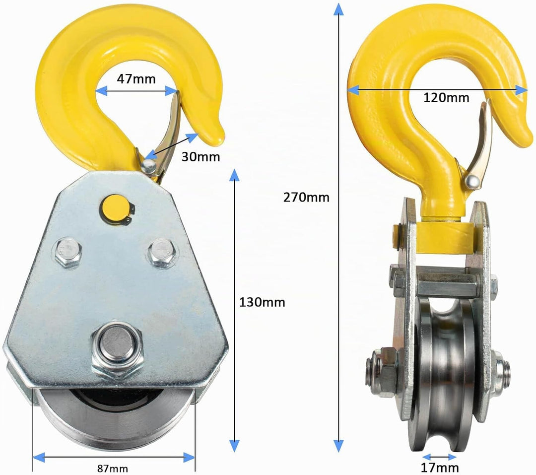 3 Ton Umlenkrolle mit Kugellager und Haken, Umlenkrollen für 17mm Seile Stahlseil, für Seilzug Seilw