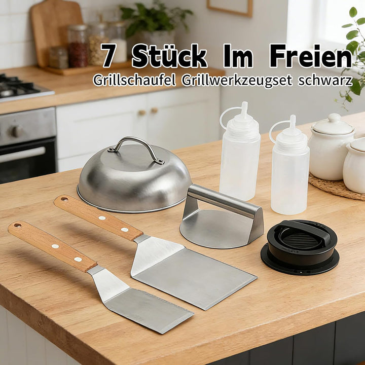 7 Stück Smash Burger Set, Burger Smasher, Smash Burgerpresse mit Pfannenwender und Burgerglocke und