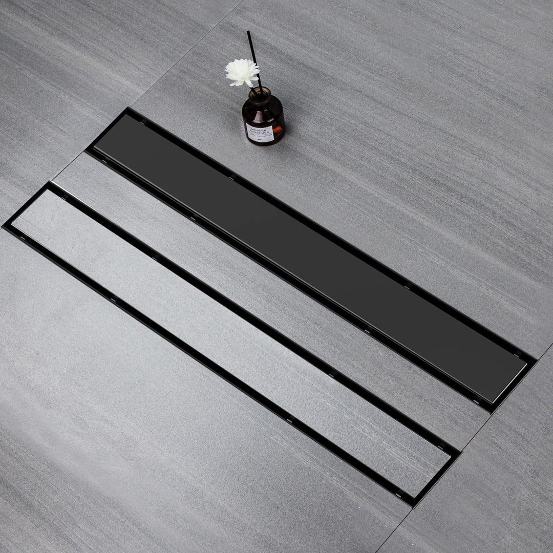 Duschrinne 50 cm, Schwarz Befliesbar Duschrinne extra flach, Edelstahl Bodenablauf Komplettset mit S