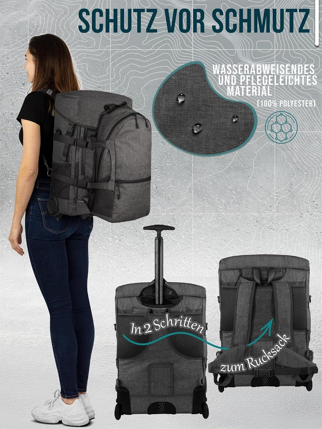 normani Reisetasche mit zusätzlichem Rucksack - Trolley und Rucksack in Einem - 37 L Reisetrolley +