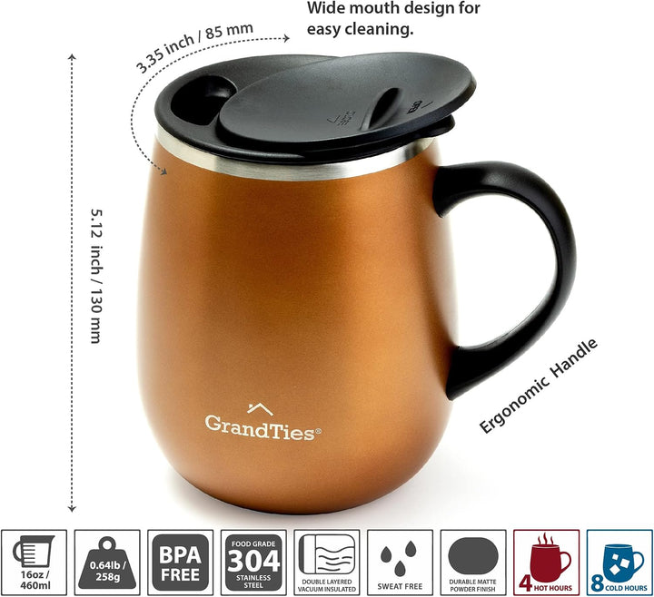 Grandties Isolierter Kaffeebecher mit Griff – Schiebedeckel für spritzwassergeschützte 460 ml-Form T
