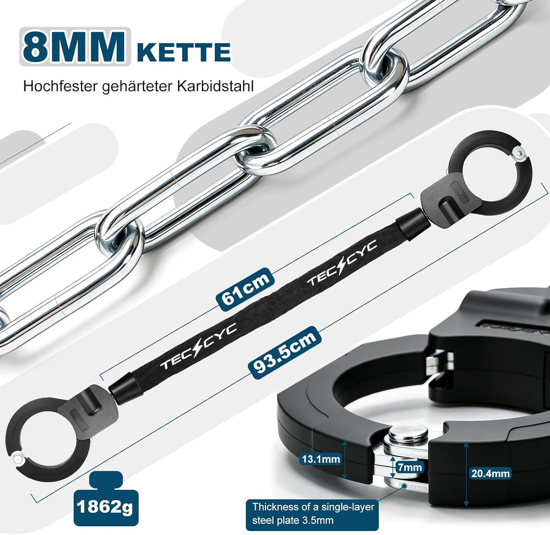 TECHCYC E-Scooter Schloss 8mm | Handschellenschloss 3 Stufen Verstellbare | Gehärteter Stahl | gegen