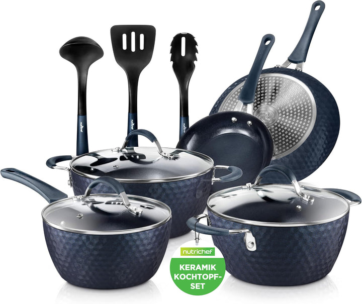 NutriChef Pfannenset & Topfset 11-teilig Antihaftbeschichtet – Kochtopf Set mit Durchsichtigen Decke