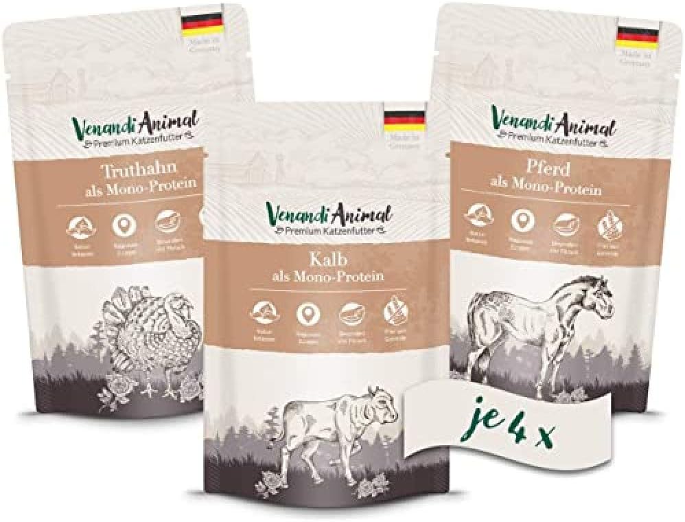 Venandi Animal Premium Nassfutter für Katzen, Probierpaket II, Pferd, Kalb, Truthahn, 12 x 125 g, 1.