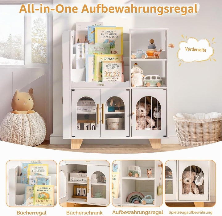 ROBUD Kinder bücherregal Weiss, Holz Standregal,mehrstufig, mit Spielzeugaufbewahrungszone, Kindersc
