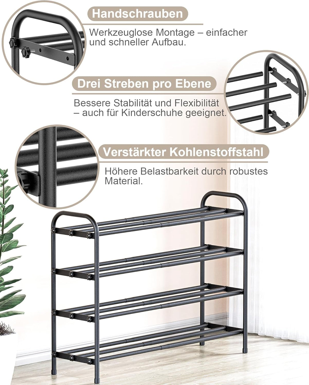 Schuhregal 4-stöckig Metall Schuhregal verstellbares erweiterbares Schuhregal ausziehbar 43 bis 79 c