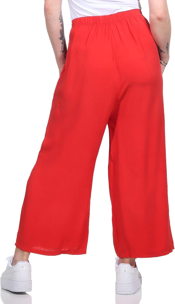 Damen Hose Marlenehose Palazzo luftige Sommerhose Boho Hippie 7/8 Schlaghose, 36-40 Rot