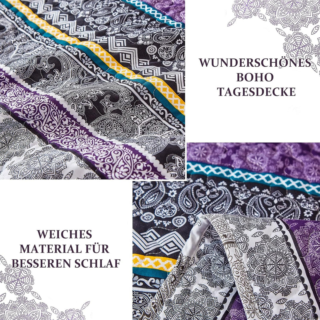 WONGS BEDDING Tagesdecke 220x240 Bettüberwurf Boho Decke Steppdecke 3 Teilig Doppelbett Gesteppt Bet