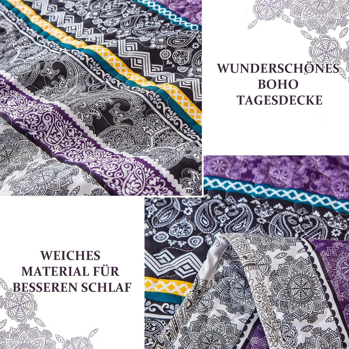 WONGS BEDDING Tagesdecke 220x240 Bettüberwurf Boho Decke Steppdecke 3 Teilig Doppelbett Gesteppt Bet