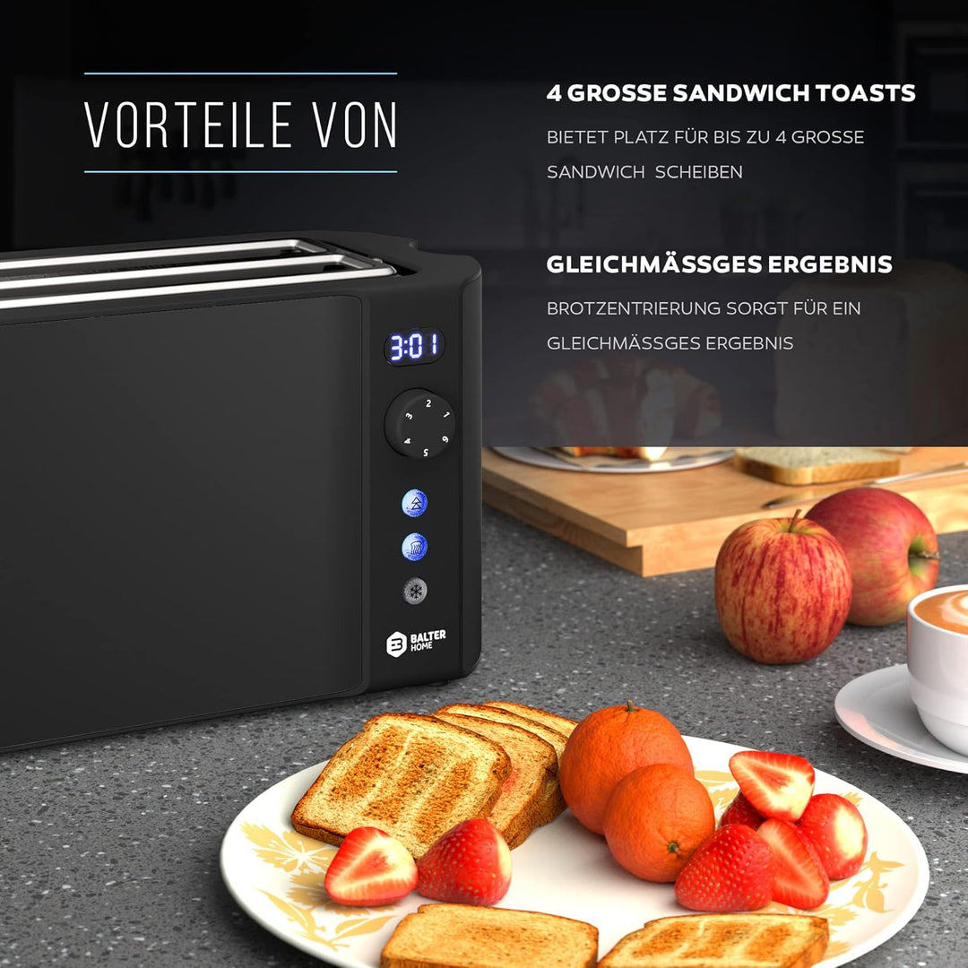 Balter Toaster 4 Scheiben, Langschlitz, Edelstahl, Brötchenaufsatz, LCD Display mit Restzeitanzeige,