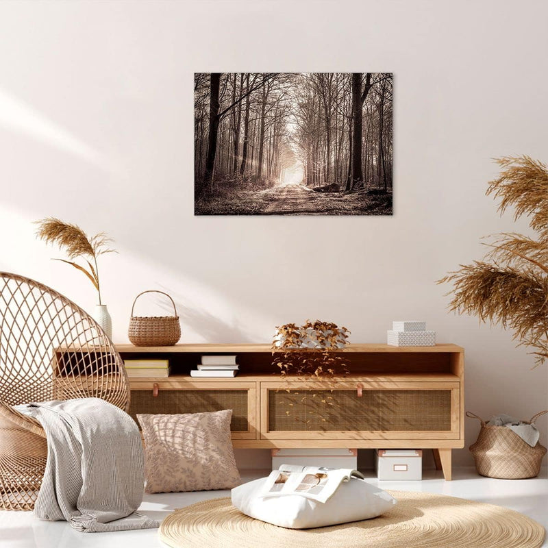 Bilder auf Leinwand Wald Strasse Baum Leinwandbild mit Rahmen 70x50cm Wandbilder Dekoration Wohnzimm