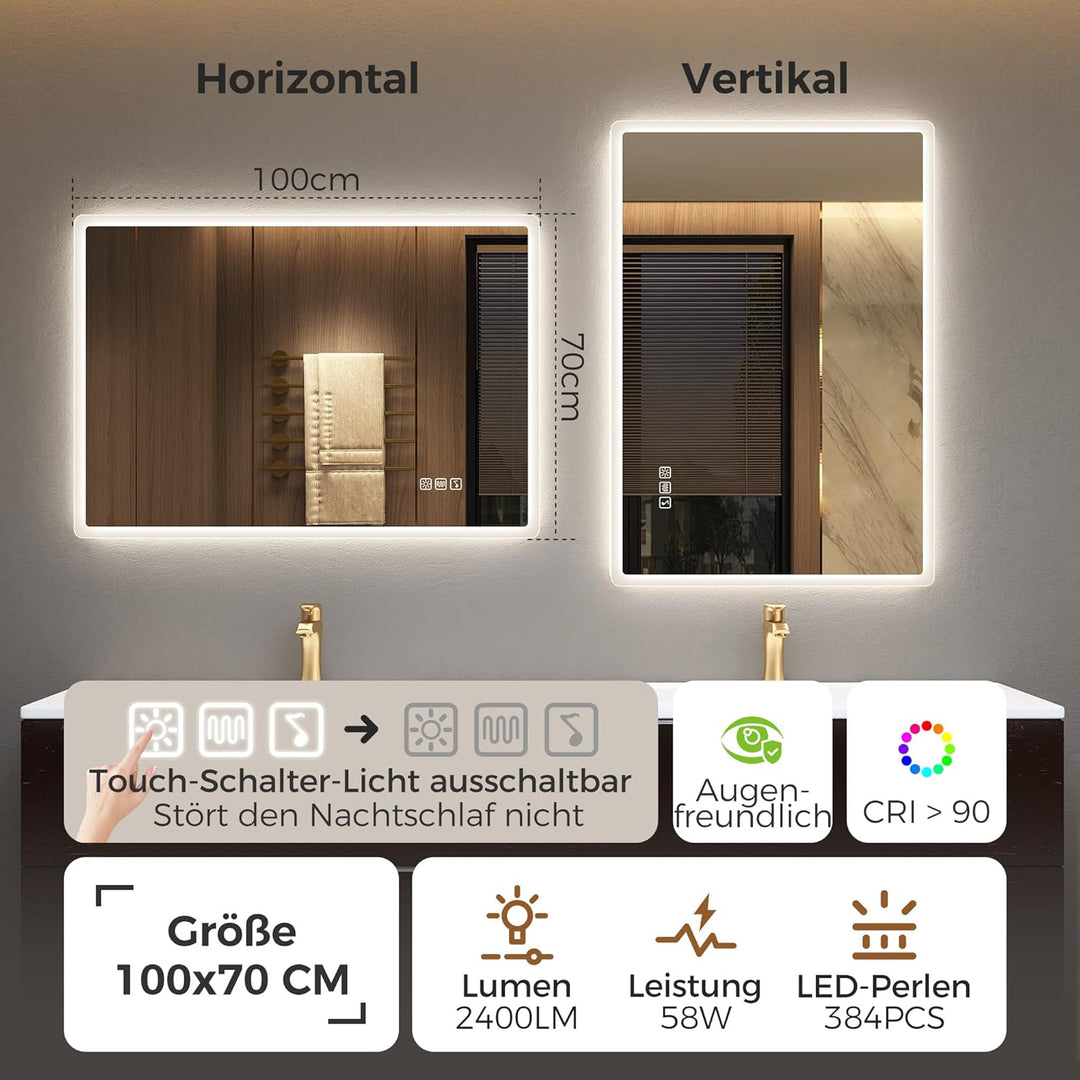 STARLEAD Badspiegel-mit-Beleuchtung 100x70cm, Badezimmerspiegel-mit-Bluetooth, Entfoggen, Dimmbar, 3