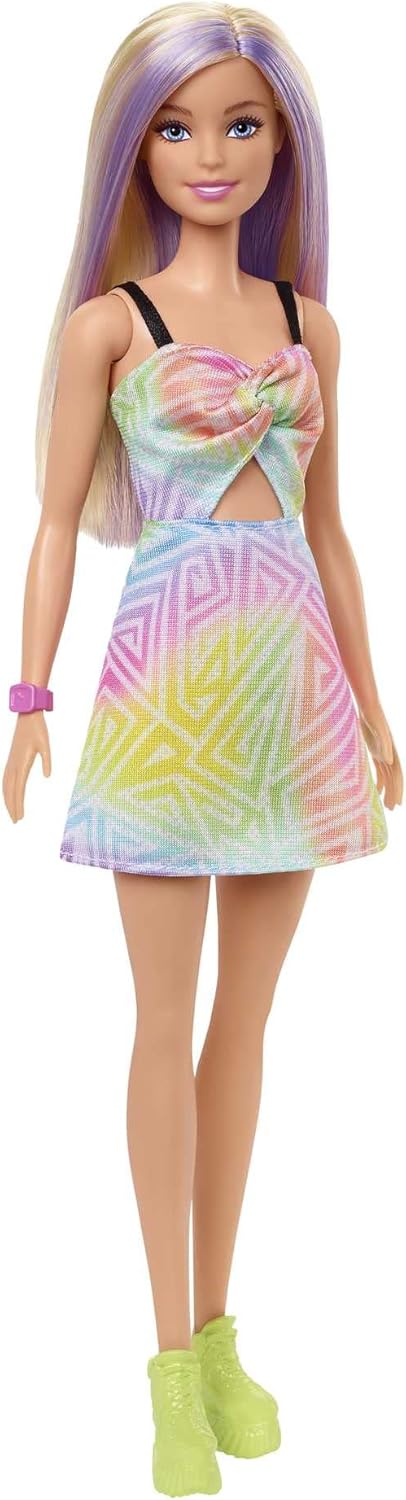 Barbie Fashionistas, Puppe mit blonden Haaren und lila Strähnen, Kleid mit Regenbogen-Ausschnitt, ro