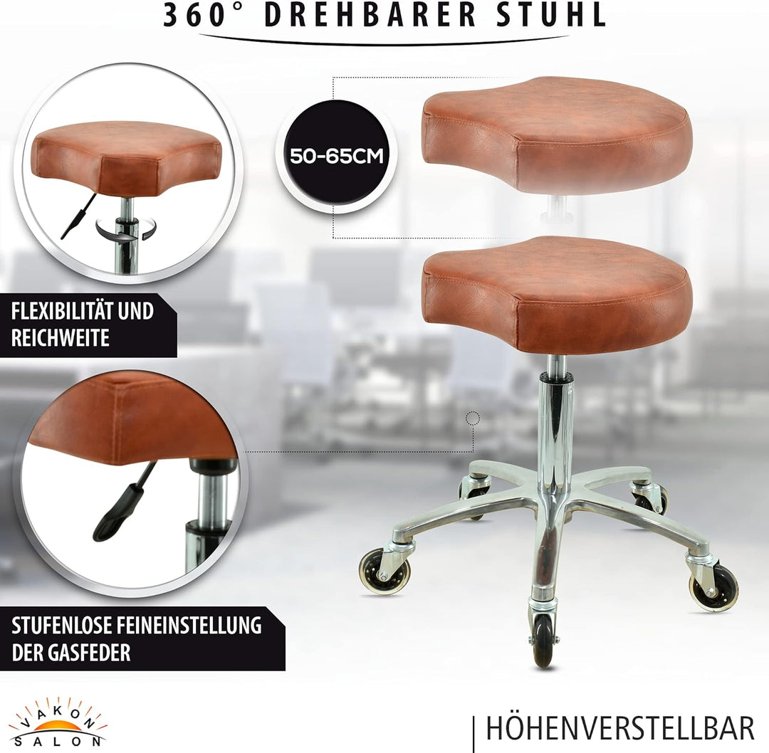 VAKON SALON - Ergonomischer Sitzhocker Hellbraun höhenverstellbar von 50 bis 65 cm Rollhocker - Dreh
