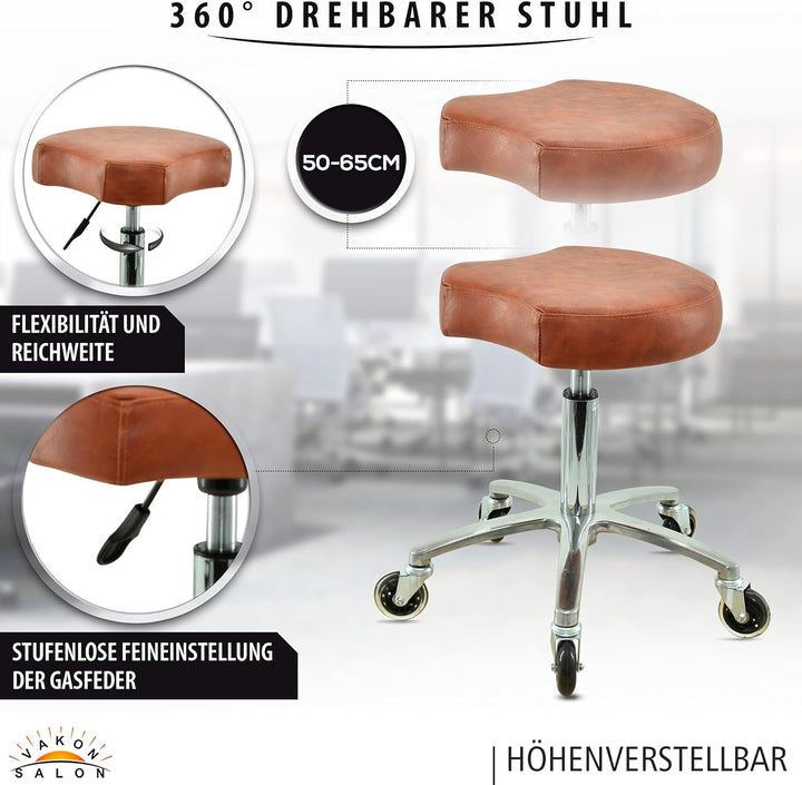 VAKON SALON - Ergonomischer Sitzhocker Hellbraun höhenverstellbar von 50 bis 65 cm Rollhocker - Dreh