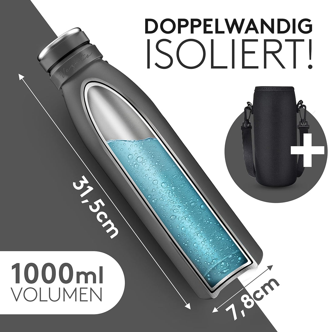 Vezato Trinkflasche Edelstahl - BPA-freie Isolierflasche 1 Liter - Auslaufsichere Wasserflasche mit