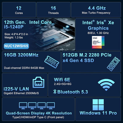 Intel NUC 12 Wall Street Canyon Mini-Computer, Core i5-1240P, 16GB RAM, 512GB SSD, Win 11 Pro, 8K od