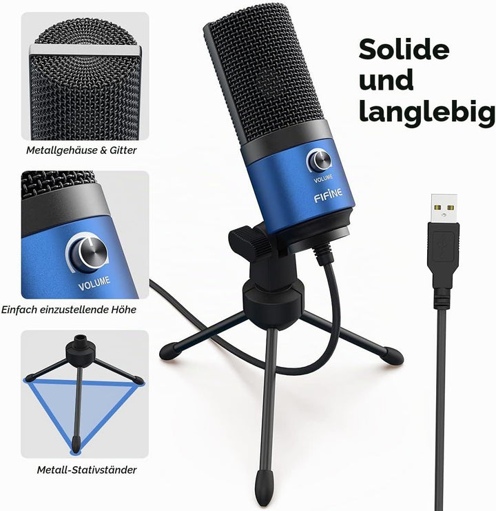 FIFINE USB Mikrofon PC, Microphone für MAC PS4 PS5, Streaming Microfon mit Ständer, Studioqualität A