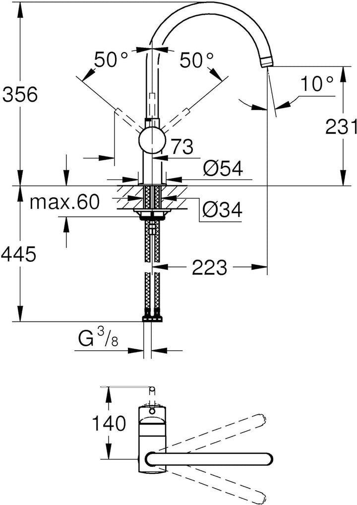 GROHE Minta - Einhand Spültischarmatur (C-Auslauf, Schwenkbereich wählbar: 0° / 150° / 360°, Einloch