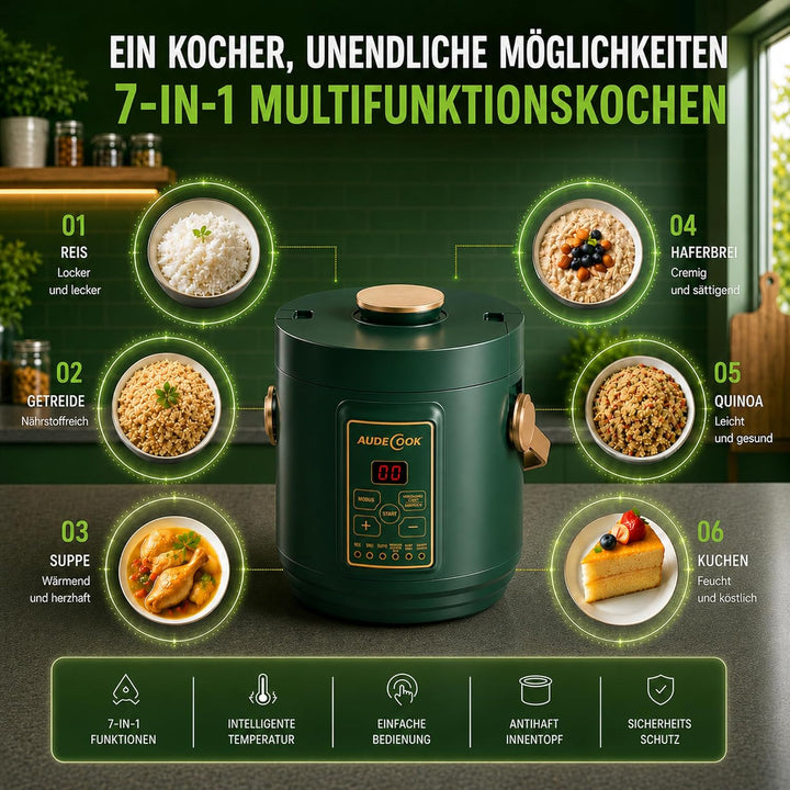 Audecook Reiskocher klein 1.2 L mit Low Sugar Funktion Für 1-2 Personen Multikocher mit 7 Programme