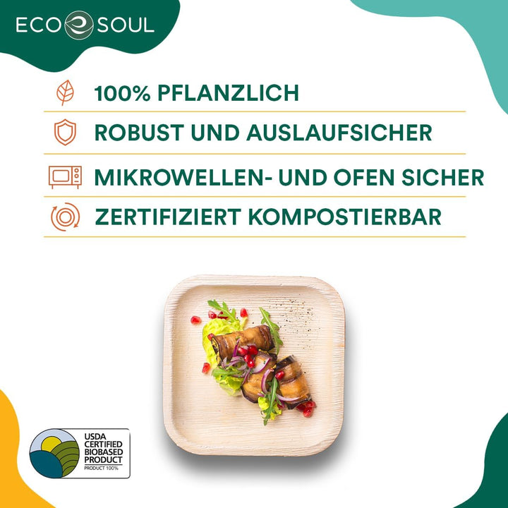 ECO SOUL 100% kompostierbare 15 cm, quadratische Palmblatt Teller [200 Stück] |Premium Palmblatt Ges