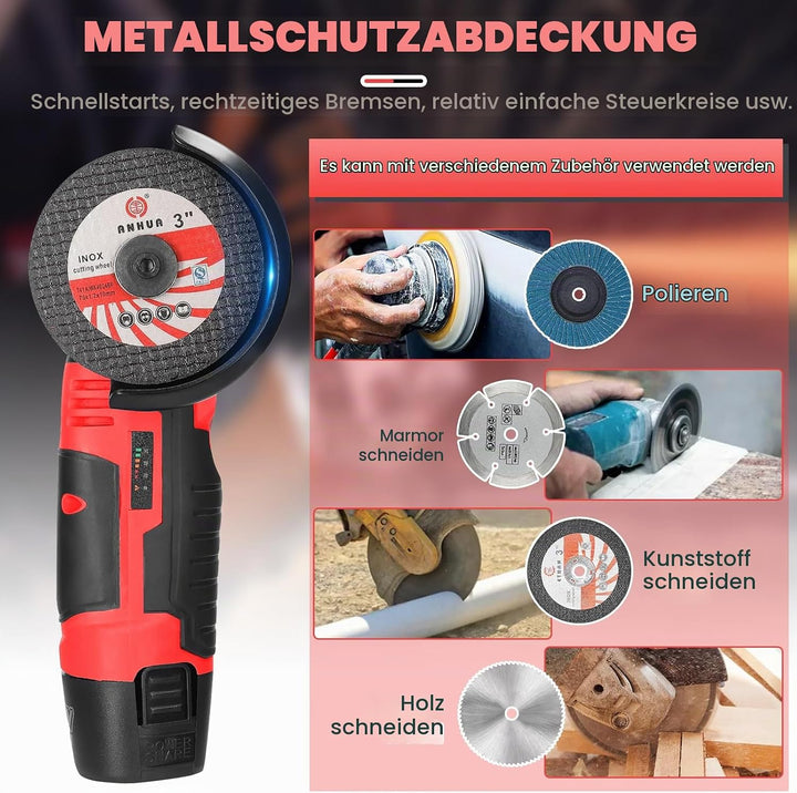 WingFly Mini Winkelschleifer, 12V Akku Winkelschleifer Set Mit 2 x 2000mAh Batterien, 19500rpm, 76mm