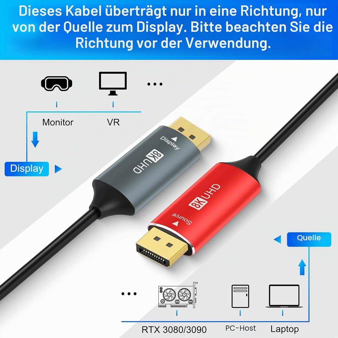 Thzzhnno 4K 8K DisplayPort Glasfaserkabel 10M, Fibre Optic DP auf DP 1.4 Kabel, 8K@30Hz, 4K@120Hz/14