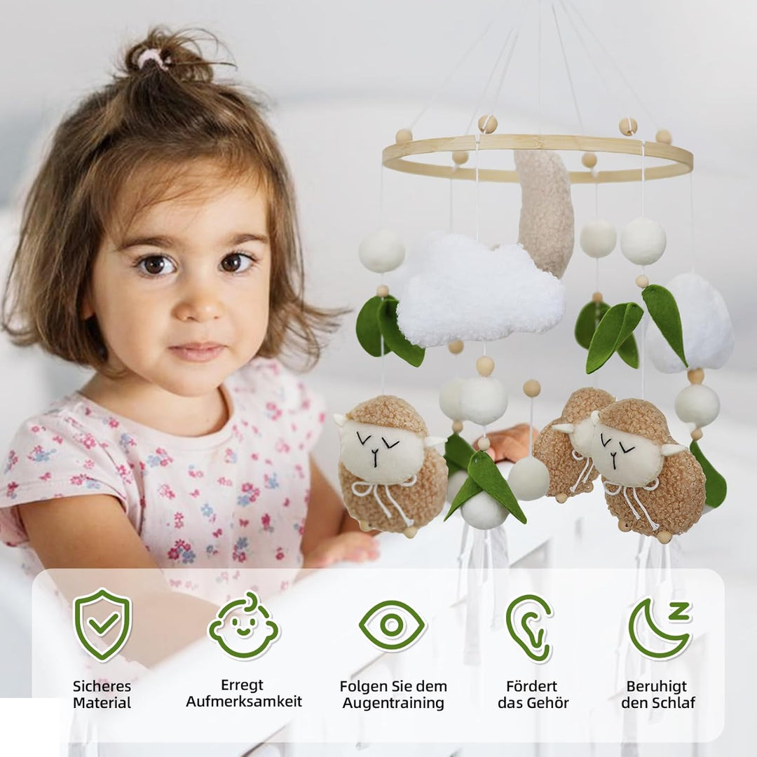 Lamm Mobile Baby Windspiele, 3D Schafe Mond Wolken Mobile Baby Holz mit Filzbällen, Bettglocke Anhän