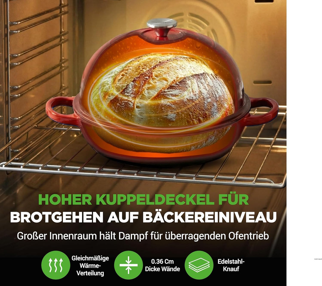 NutriChef Gusseisentopf zum Brotbacken 26 cm Dutch Oven Emailliert Rot – Mit Deckel und Griffen – In