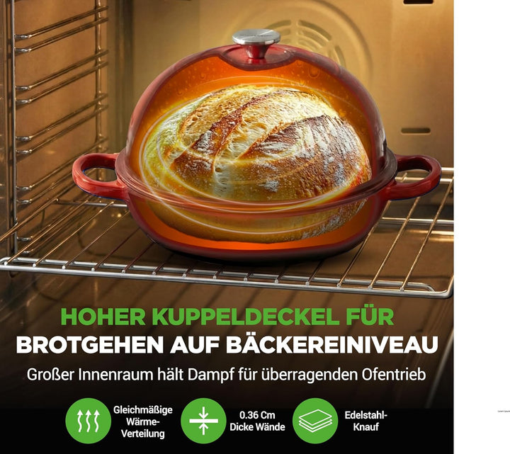 NutriChef Gusseisentopf zum Brotbacken 26 cm Dutch Oven Emailliert Rot – Mit Deckel und Griffen – In
