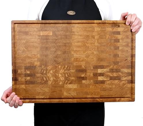B4K® Profi-Küchenbrett-Set aus Eiche – Stirnholz Schneidebrett 40×30×6 cm mit Auffangschale + Hackbl