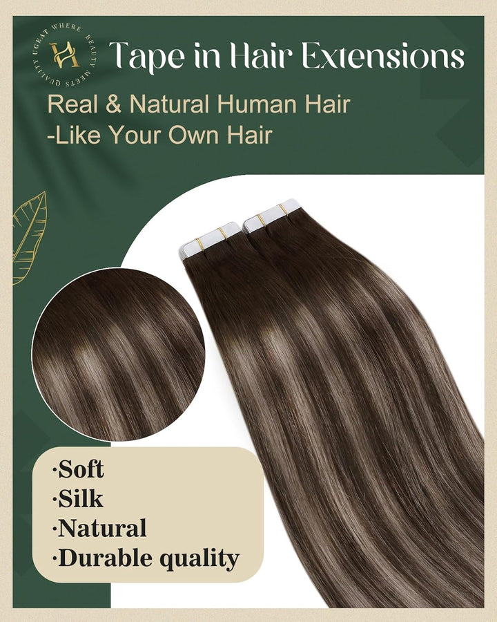Ugeat Tape in Extensions Echthaar 50 cm Extensions Echthaar Tape in Balayage Dunkelbraun mit Aschblo